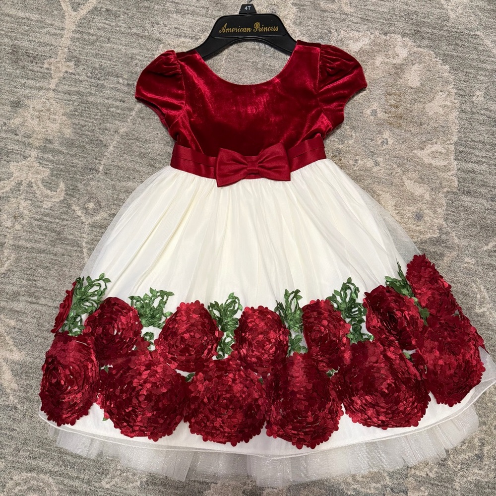 Christmas Winter Holiday American Princess Red and White Floral Dress Like New